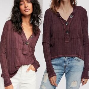 Free People Wine Ribbed Henley Top Tee Raw Hem Long Sleeve Plum Womens Large